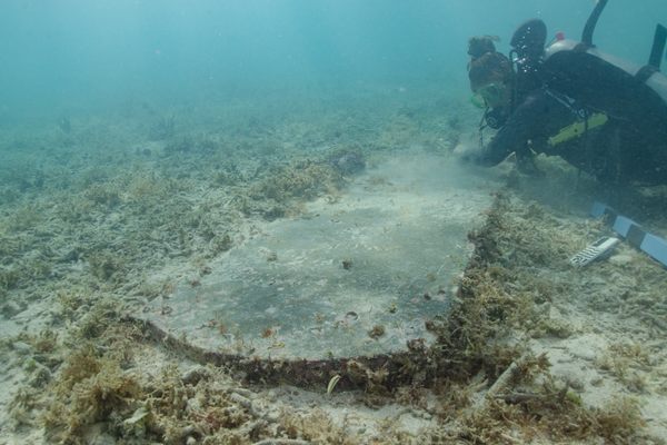 University of Miami graduate student Devon Fogarty examines the headstone of John Greer, who died while working at Fort Jefferson on Nov. 5, 1861. The gravesite is now completely underwater.