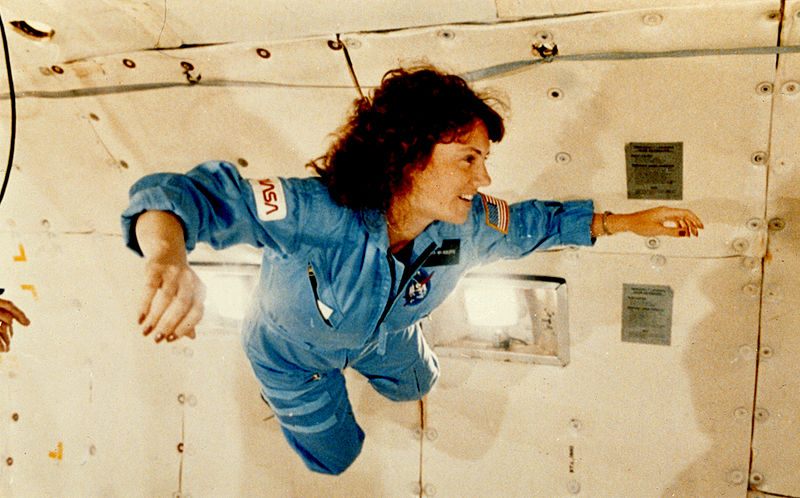 Christa McAuliffe gets a weightlessness preview aboard the zero gravity aircraft. McAuliffe used some of her zero-G time to practice her lesson plans.