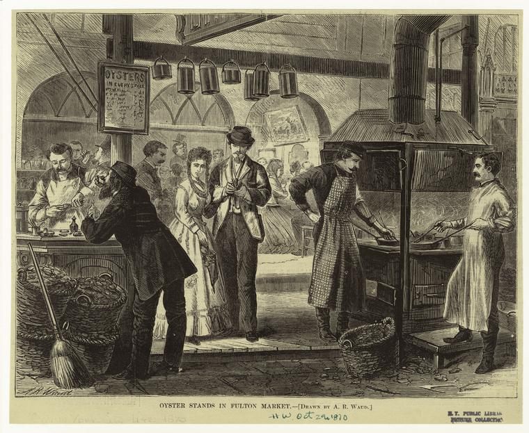 An illustration by Alfred R. Waud of oyster stands in Fulton Market, published in 1870. 