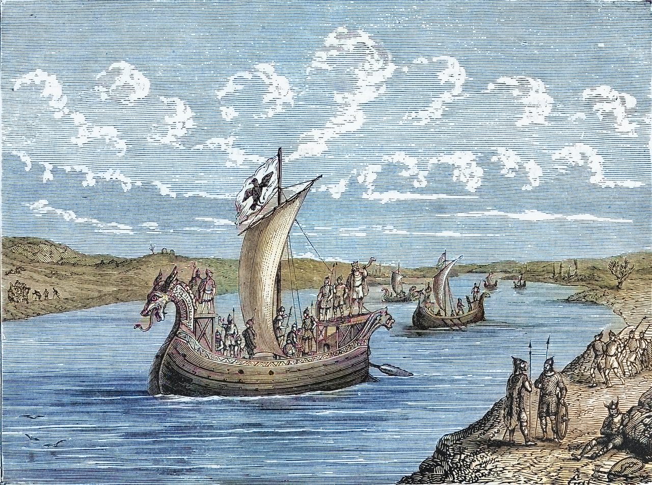 An engraving of a Viking ship.