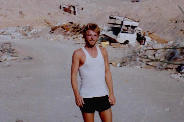 Broke and barefoot in the desert near Eilat, not long before the Masada bus ride.