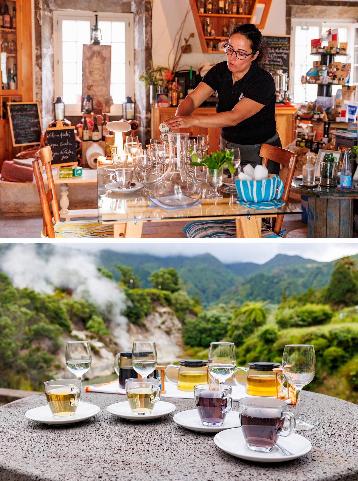 Preparing the tea experience (top) and serving the tea on the outdoor patio at Chalet da Tia Mercês (bottom).