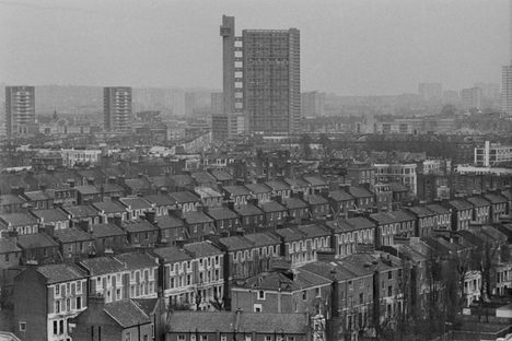 Housing and buildings in North Kensington, London, in 1975, with Trellick Tower in the background. 