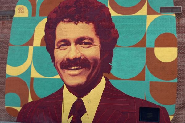 Closeup of the mural of Alex Trebek, by Kevin Ledo.