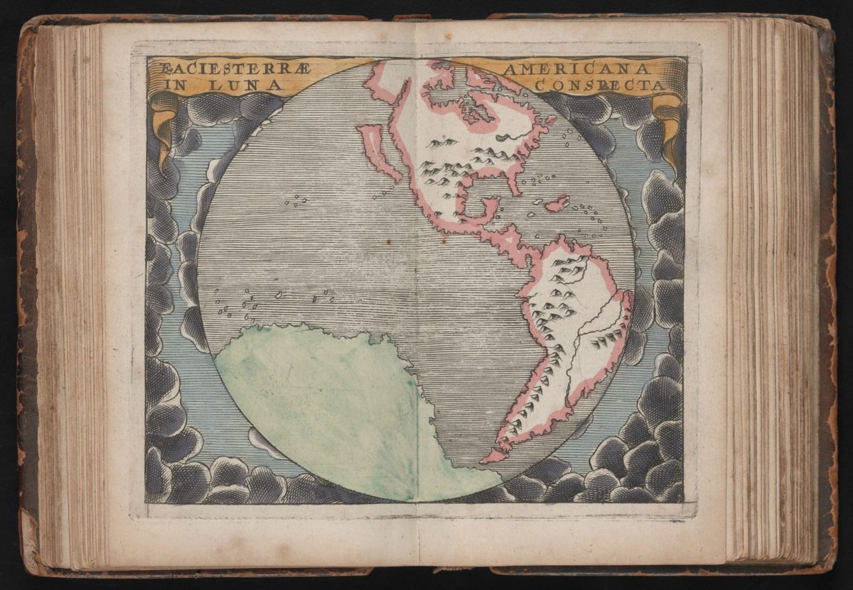 ‘Facies terrae americana in luna conspecta’ (‘The American face of the Earth, from a lunar perspective’): map by John Seller, part of his ‘Atlas Coelestis’ (London, ca. 1700). The island of California is the smaller mistake on this map—there’s also a giant southern continent almost touching the southern tip of South America.