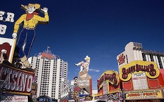 YESCO's "Vegas Vic" neon sign pictured on the left, in 1973.