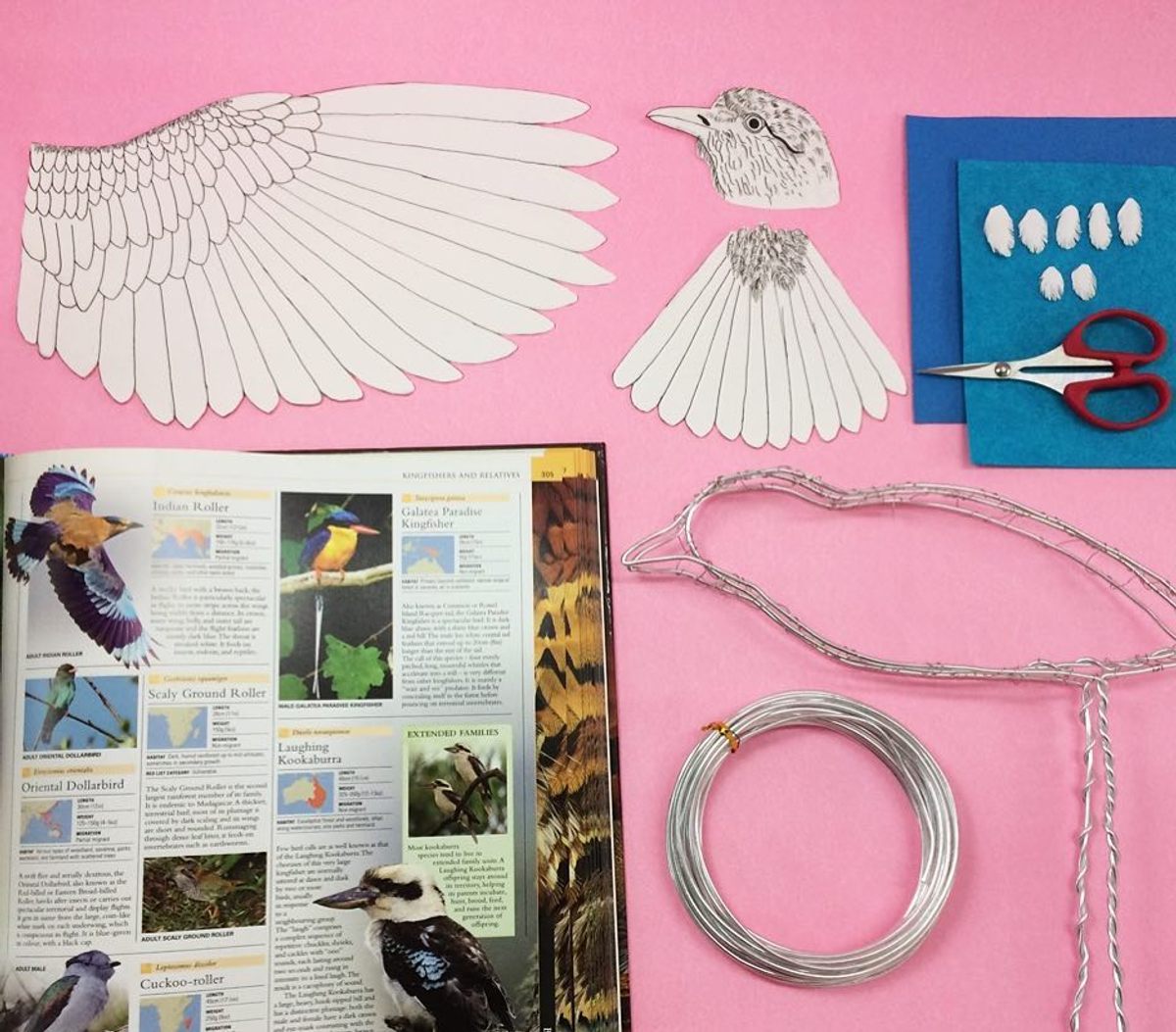 Rajput outlines each bird’s body with wire, stuffs the hollow with newspaper, and covers it in strips of paper. This is the start of an Indian roller sculpture.