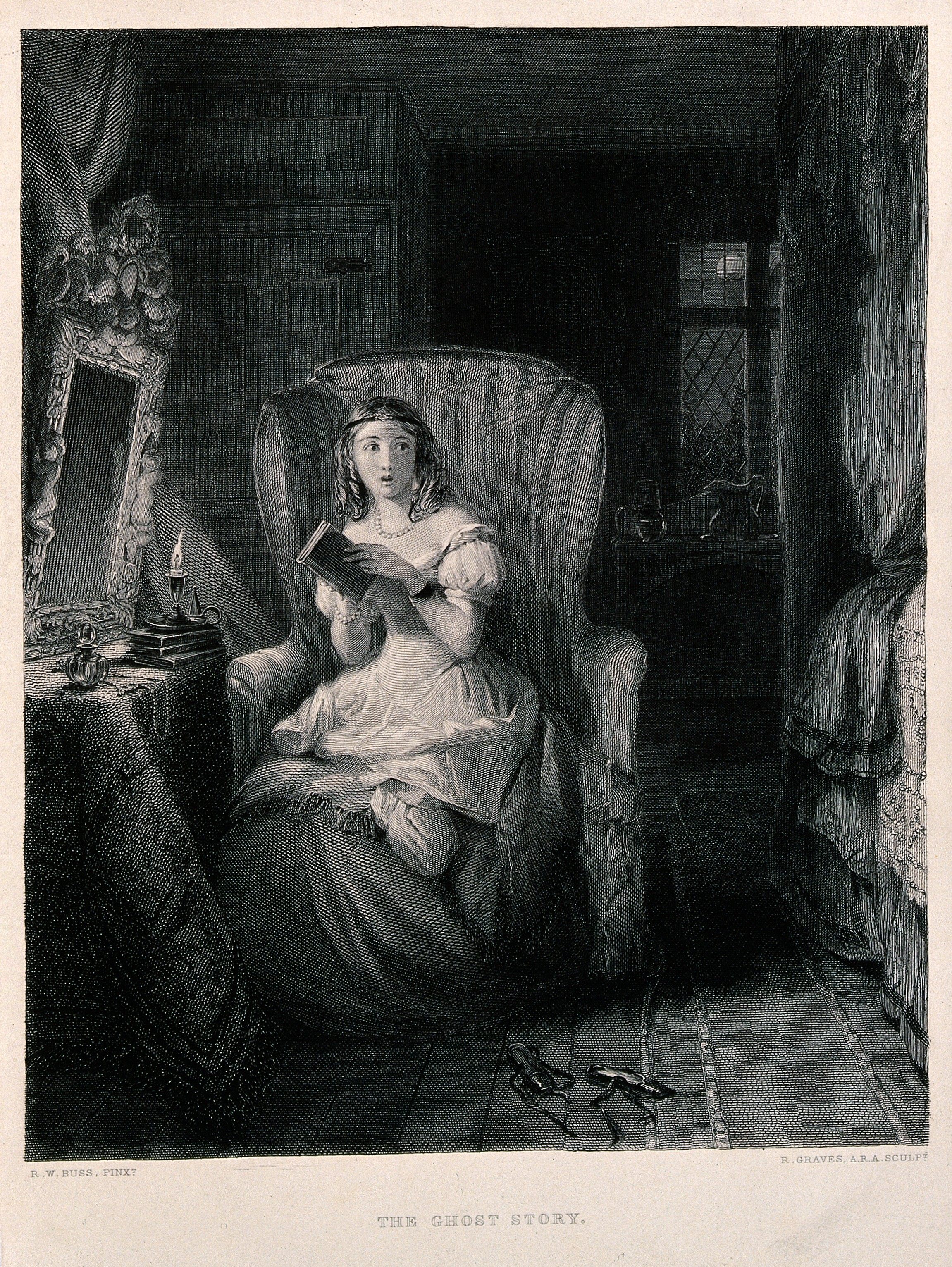 A young woman nervously reads a ghost story, 1874