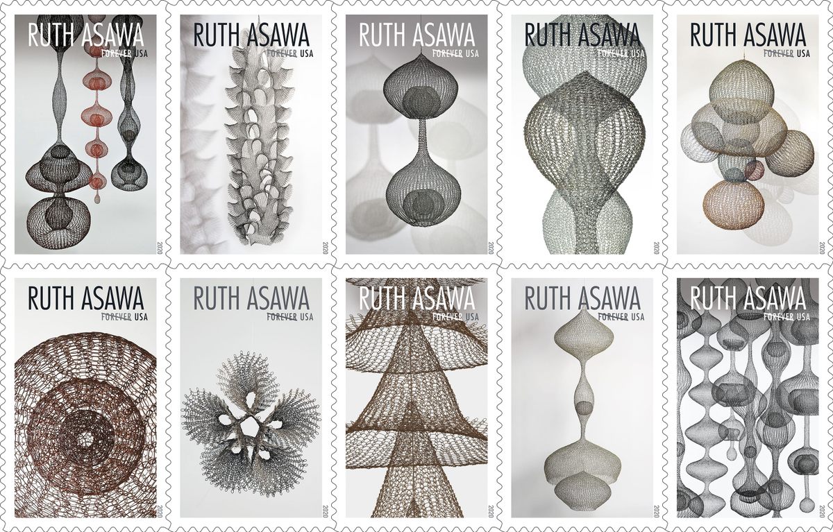 An assortment of stamps celebrating Asawa.