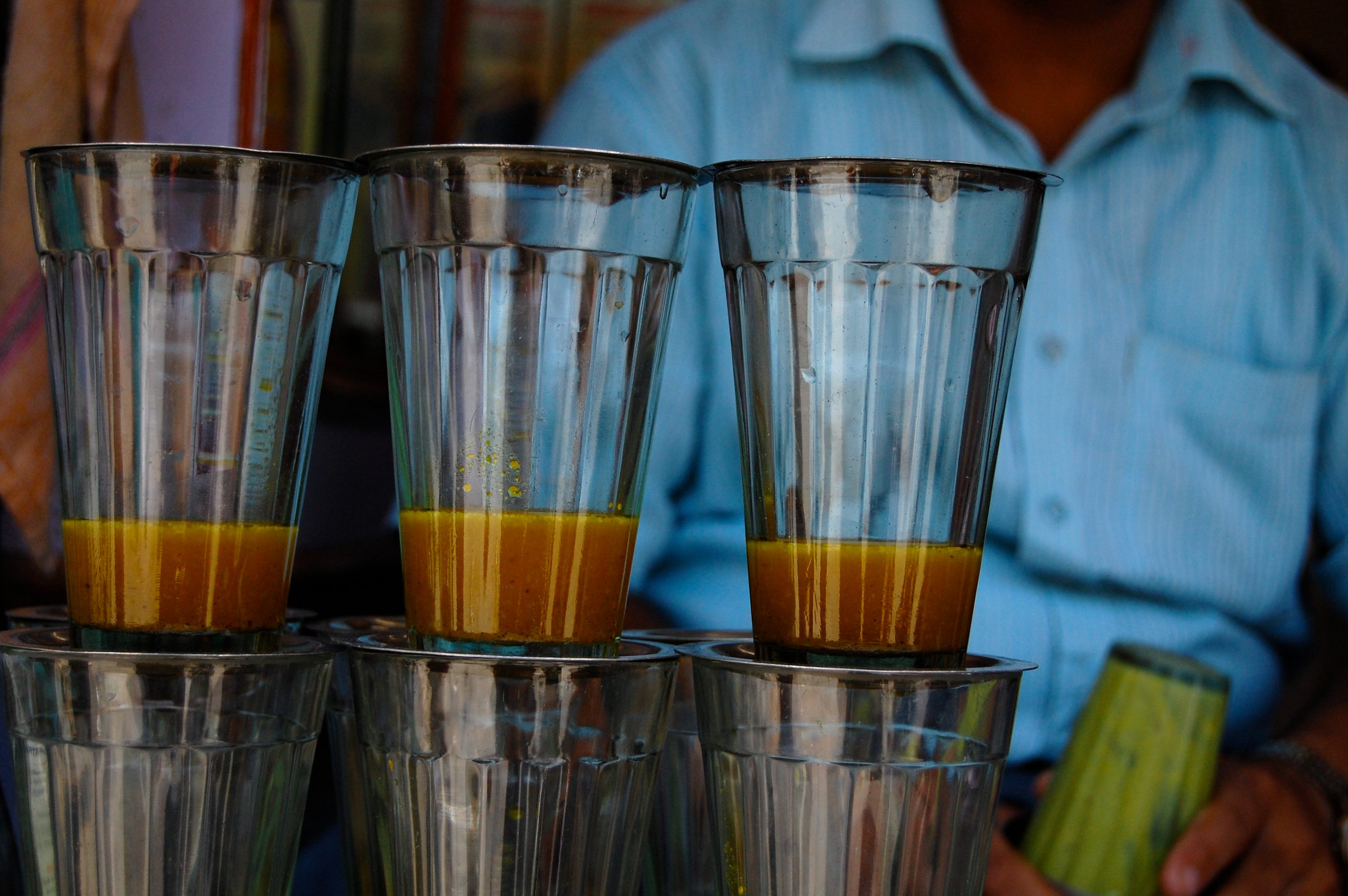 Glasses of bhang thandai in Varanasi, India.