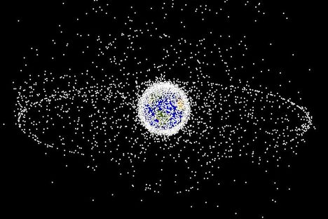 Space debris seen from outside geosynchronous orbit (GEO). The two main debris fields are the ring of objects in GEO and the cloud of objects in low Earth orbit (LEO).