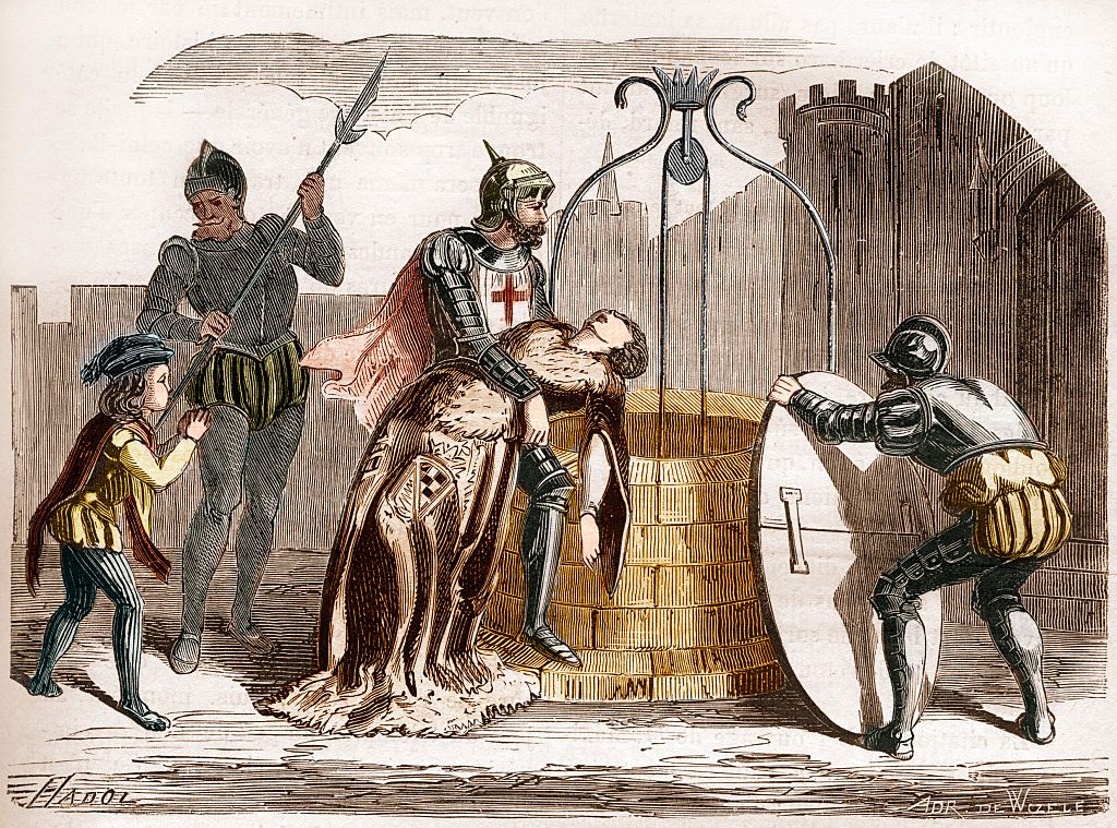 An illustration of Gilles de Rais disposing of a woman's corpse.