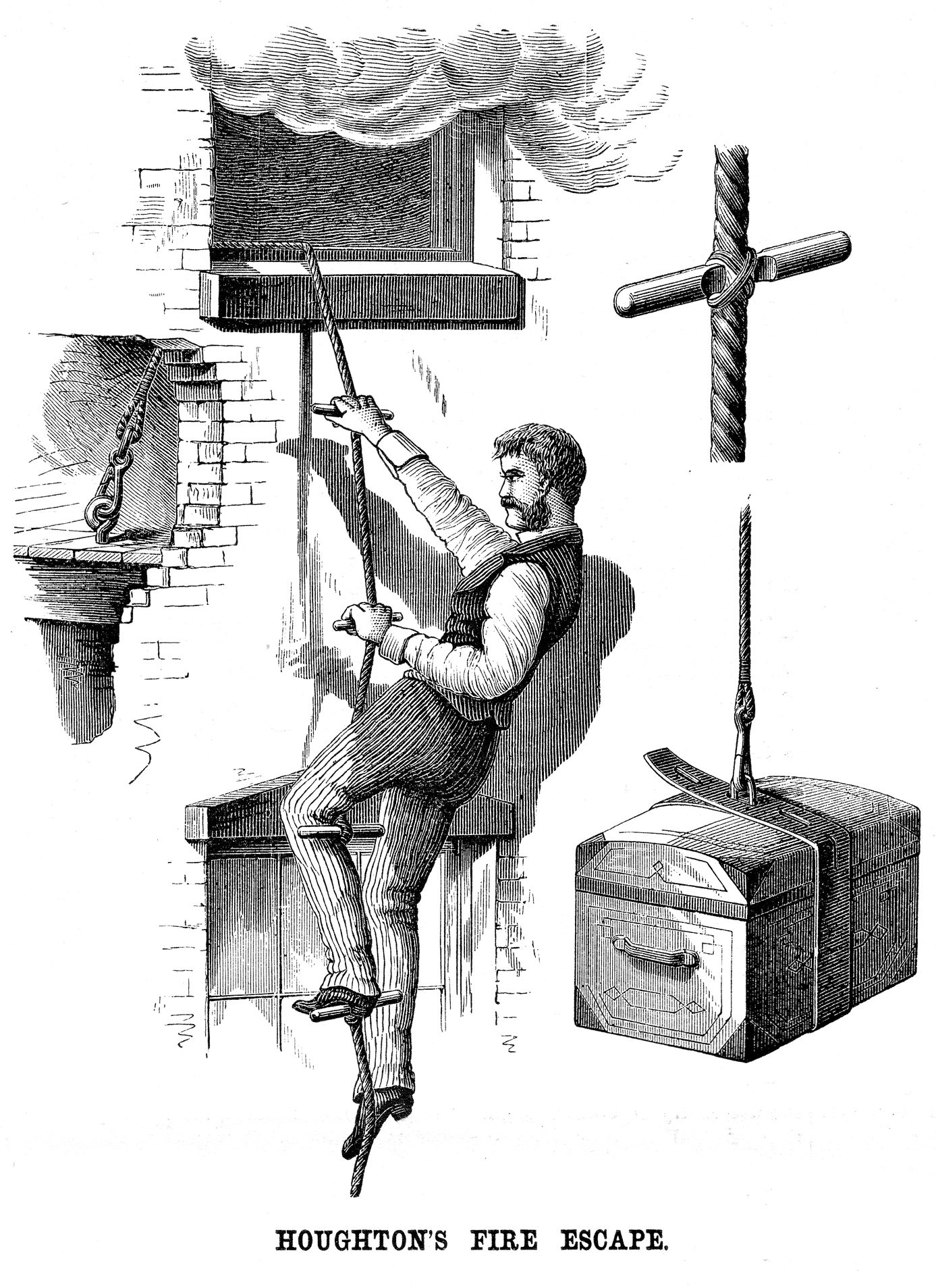 Houghton's fire escape from 1877 featured a portable rope with pegs.