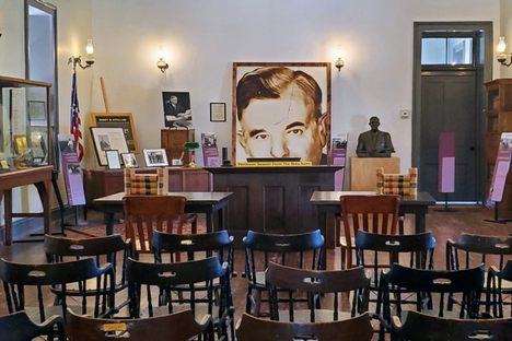 The Pinal County Courthouse is an adobe building designed to look as it did in its heyday.