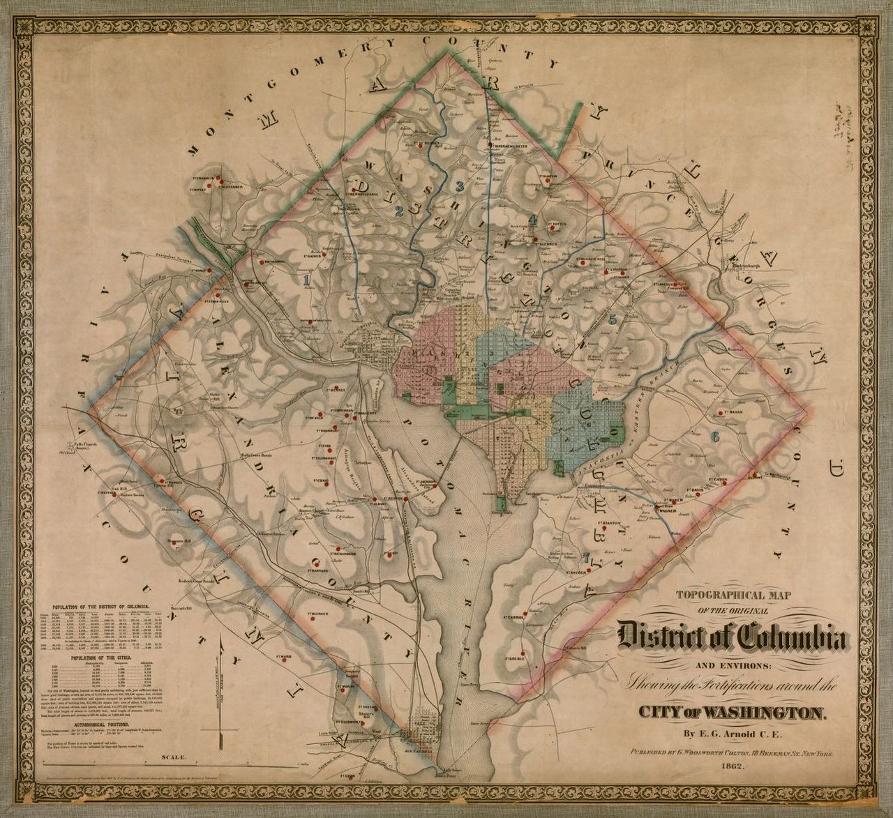 As shown in this 1862 map, published by G. Woolworth Colton, the District of Columbia was designed to be a perfect square, 10 miles on a side. 