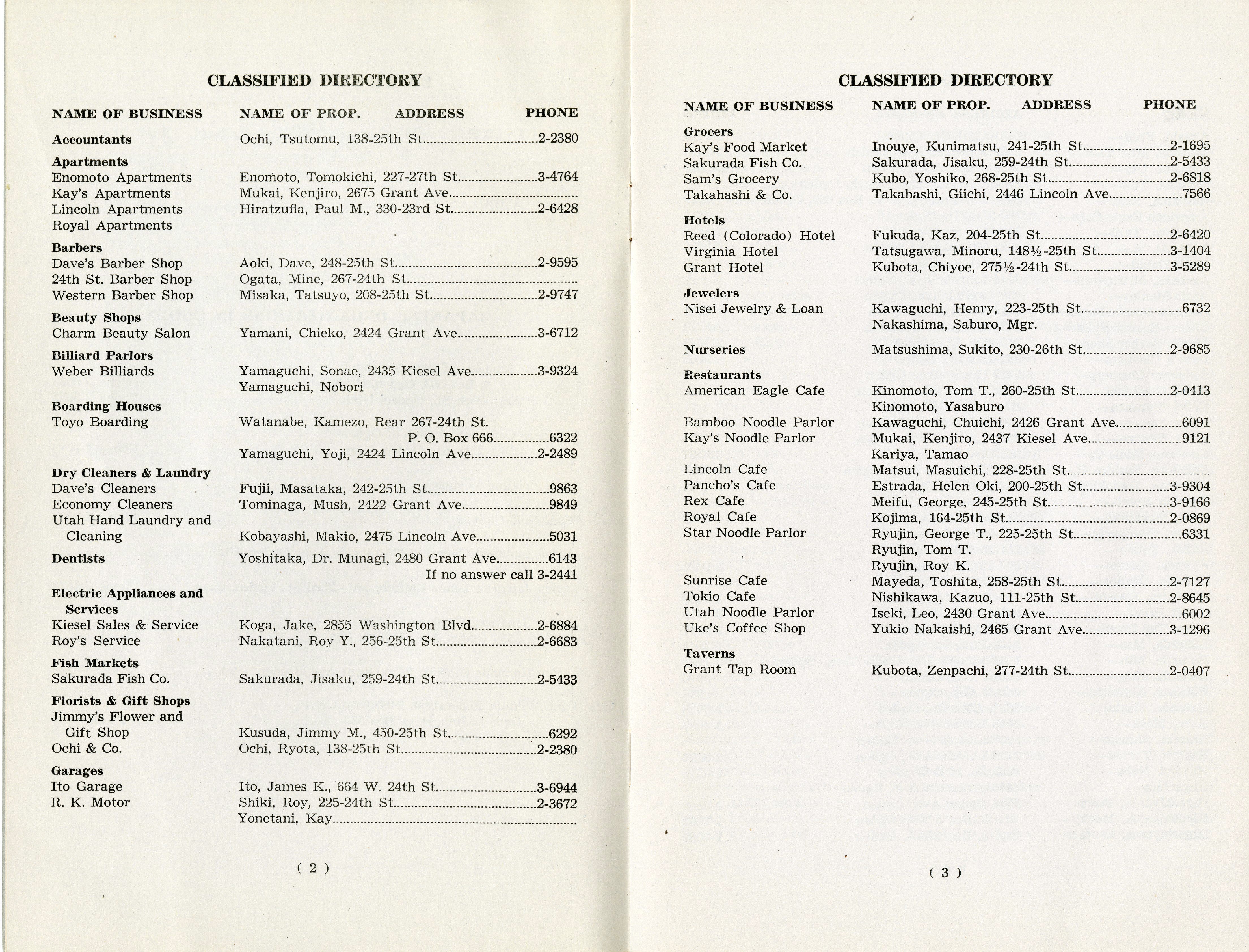 A compendium of Japanese businesses in Ogden, compiled by the Ogden Japanese Commercial Club, pictured in 1953.
