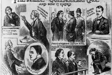 A courtroom illustration from the closing moments of Oscar Wilde's 1895 case, from the Victorian weekly newspaper Illustrated Police News.