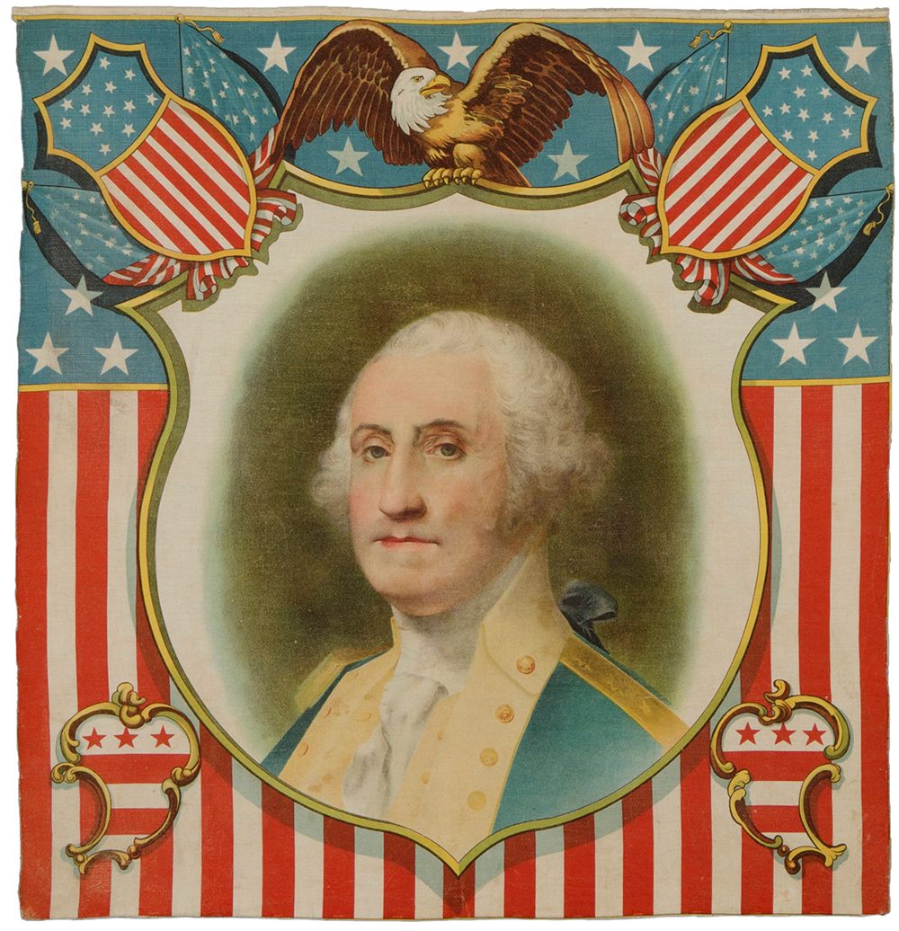 George Washington pillow cover, 1889, likely created for the centenary of Washington's first inauguration.