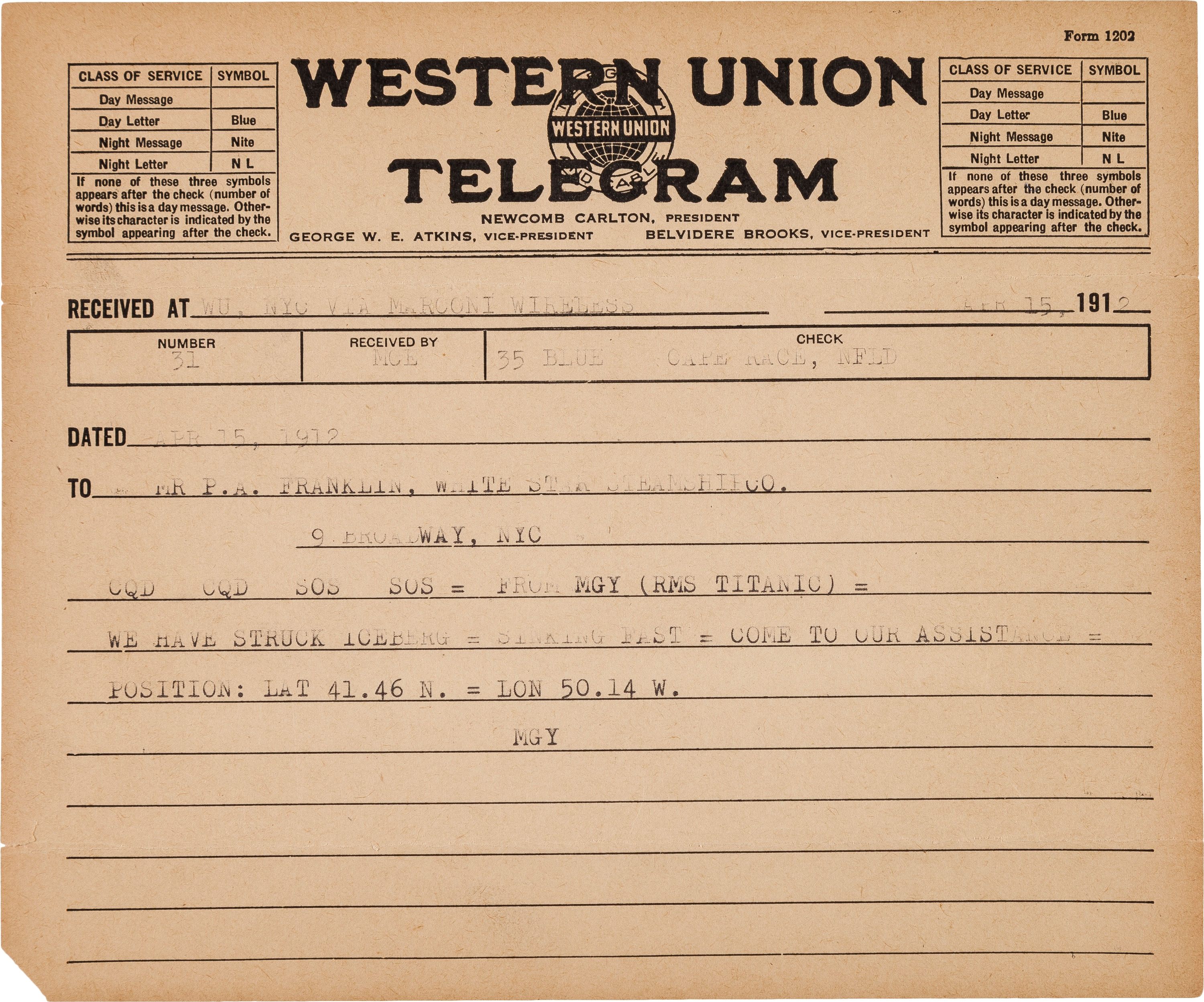 Telegram of the RMS Titanic