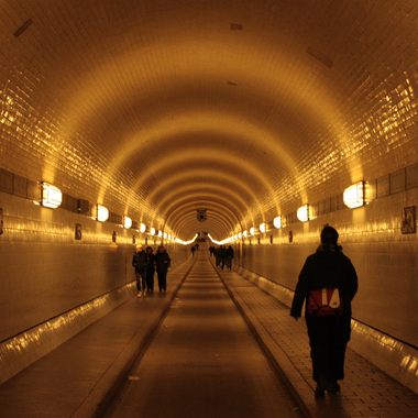 Pedestrians inside the St. Pauli Elbtunnel