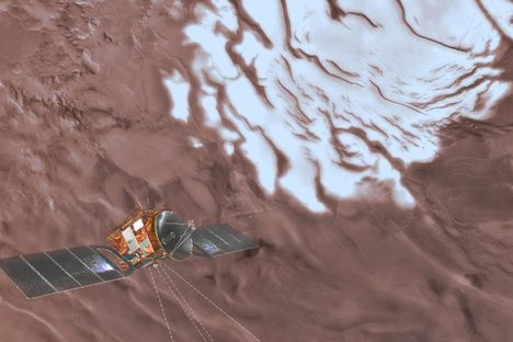 Artistic impression of the Mars Express spacecraft probing Mars and of Planum Australe. 