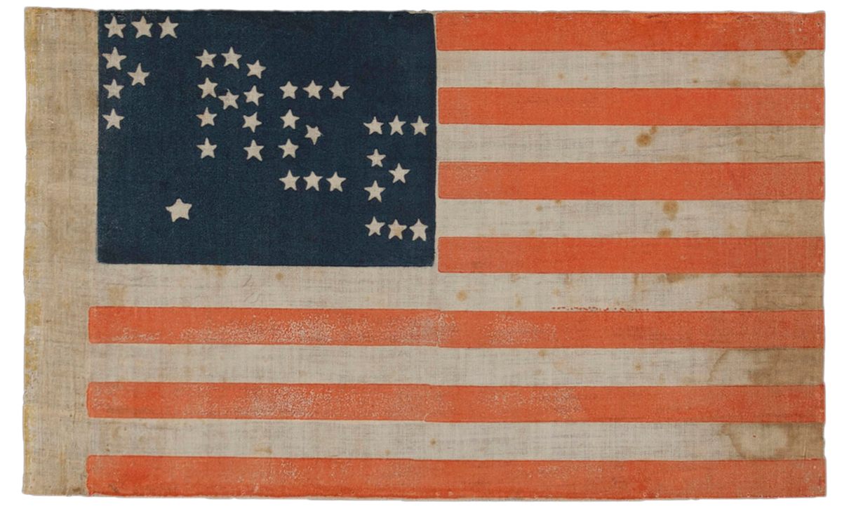 A 35-Star “free” Abraham Lincoln campaign flag, 1864. "Thirty-five stars arranged to spell “FREE” proclaim the Republican Party’s opposition to slavery during the Civil War and, with the extra star, anticipates the addition of Nevada as a new state."