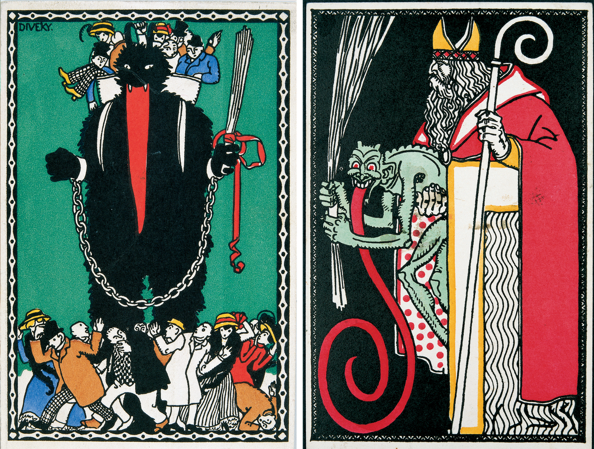 In the late 19th and early 20th centuries, wealthy urbanites, particularly in Vienna, began to exchange holiday cards that featured Krampus in many forms, including as a hairy, black beast and hellish demon.