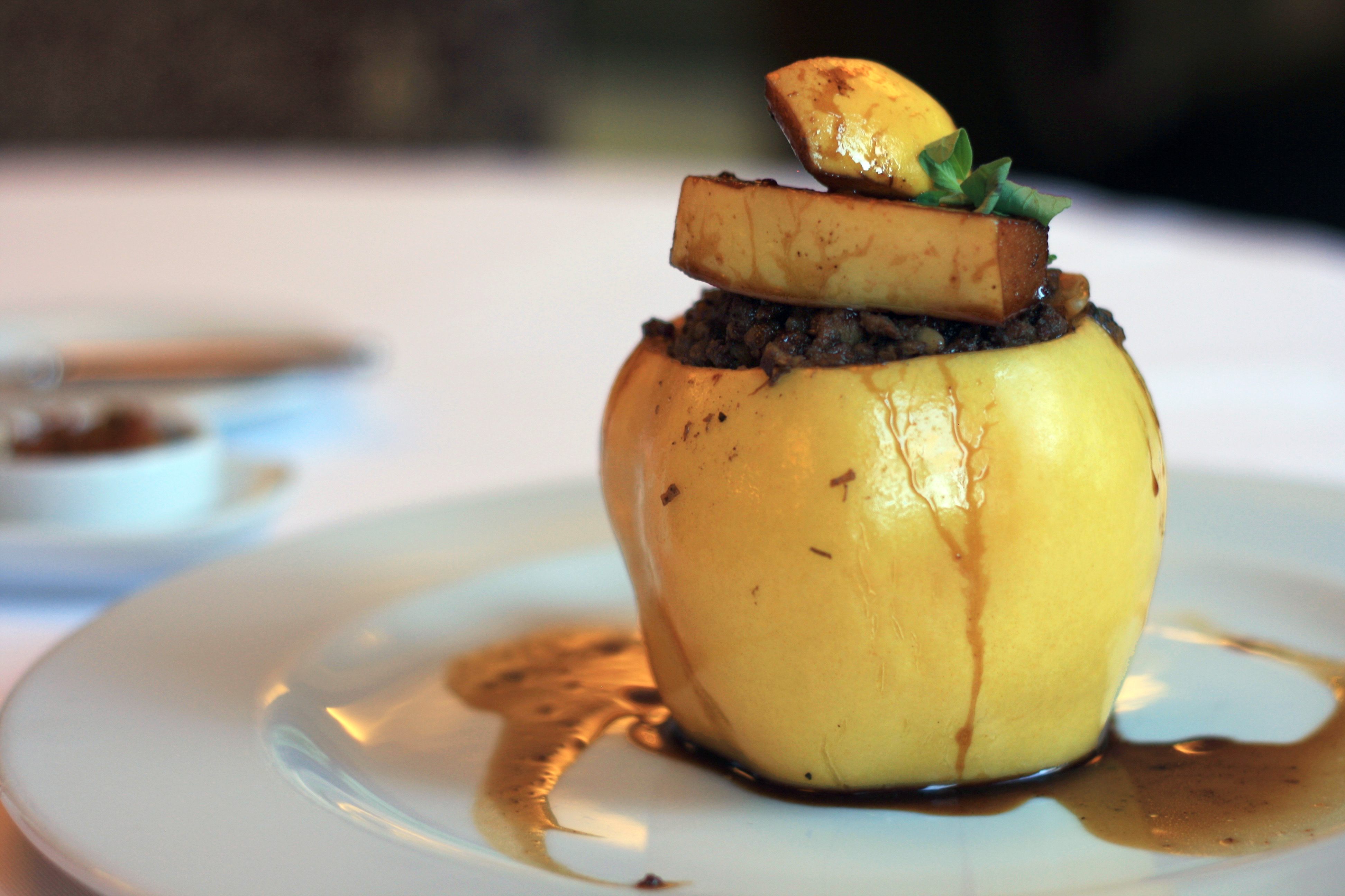 For this dish of quince stuffed with lamb and beef, Durmay seeks out unblemished fruit that won’t change color in the oven.