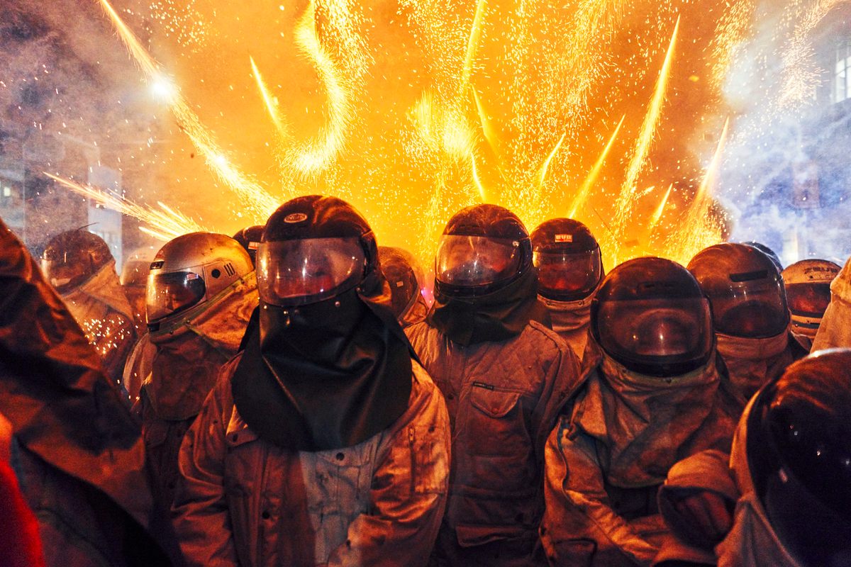 These are not extras from a sci-fi movie, but participants in the annual Yanshui Beehive Fireworks Festival, regarded as one of the most dangerous fireworks festivals in the world, on February 26, 2021, in Tainan, Taiwan. 