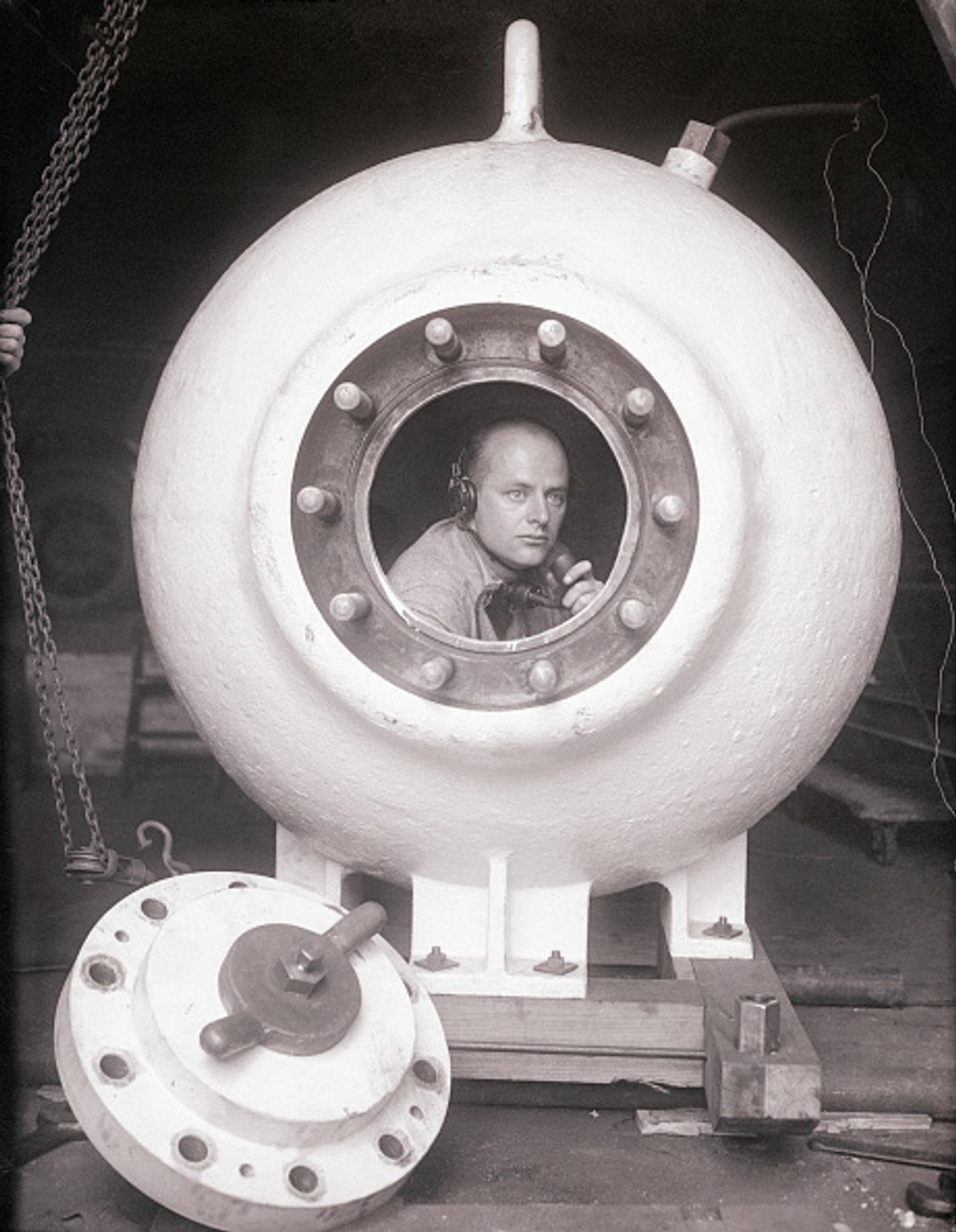 Inventor Otis Barton in his deep-diving bathysphere.