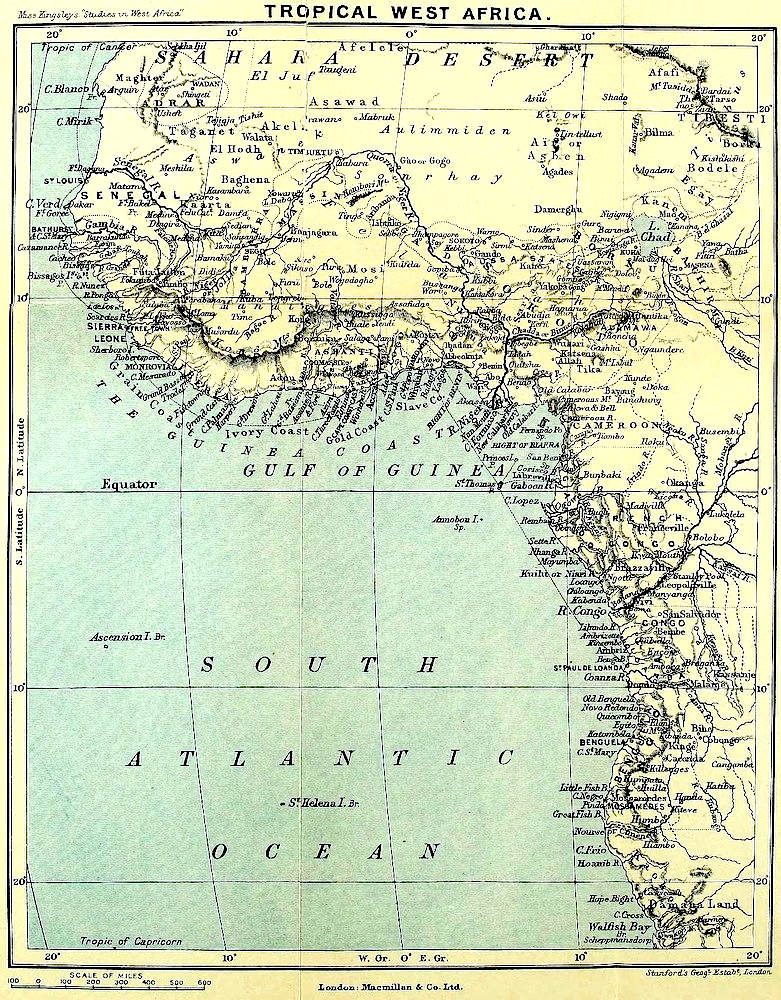 Equatorial West Africa, described to Kingsley by British doctors as "the deadliest spot on earth." The map is from Kingsley's second 1897 book, <em>West African Studies</em>.