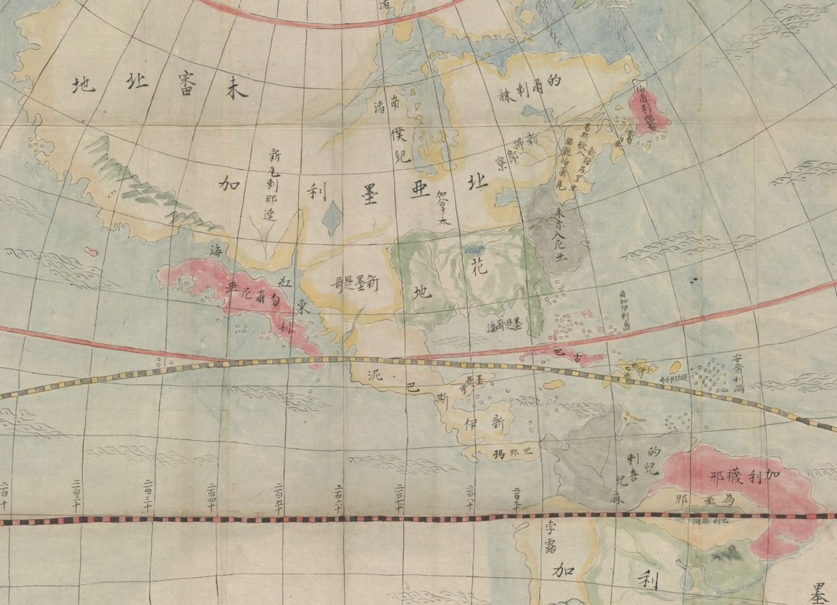 The last representation of California as an island (in red): detail of a map published in 1865 by Shuzo Sato in Japan.