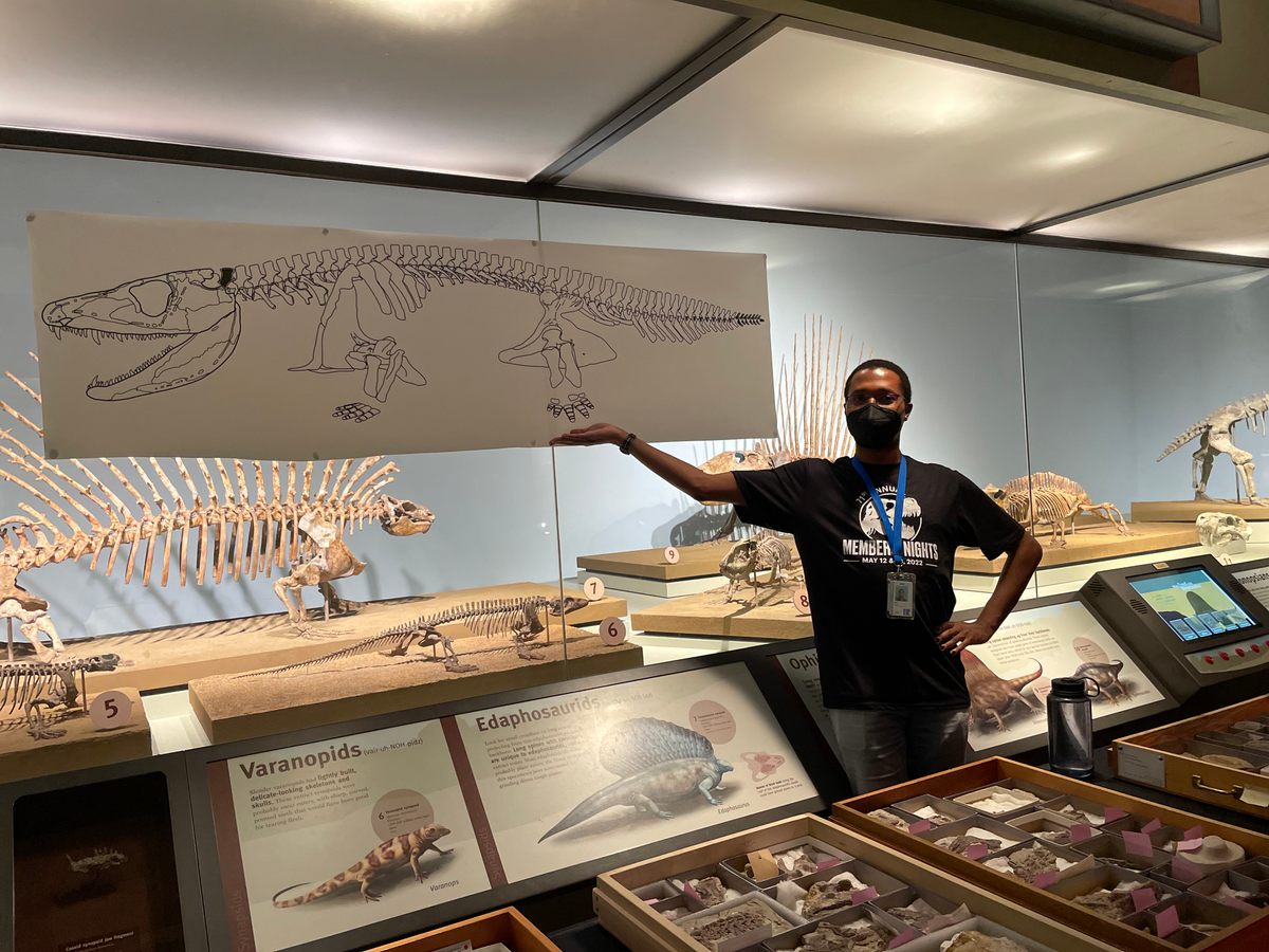 Paleontologist Ben Otoo, a coauthor on the new paper, with a life-size illustration of an adult <em>Whatcheeria deltae</em>.