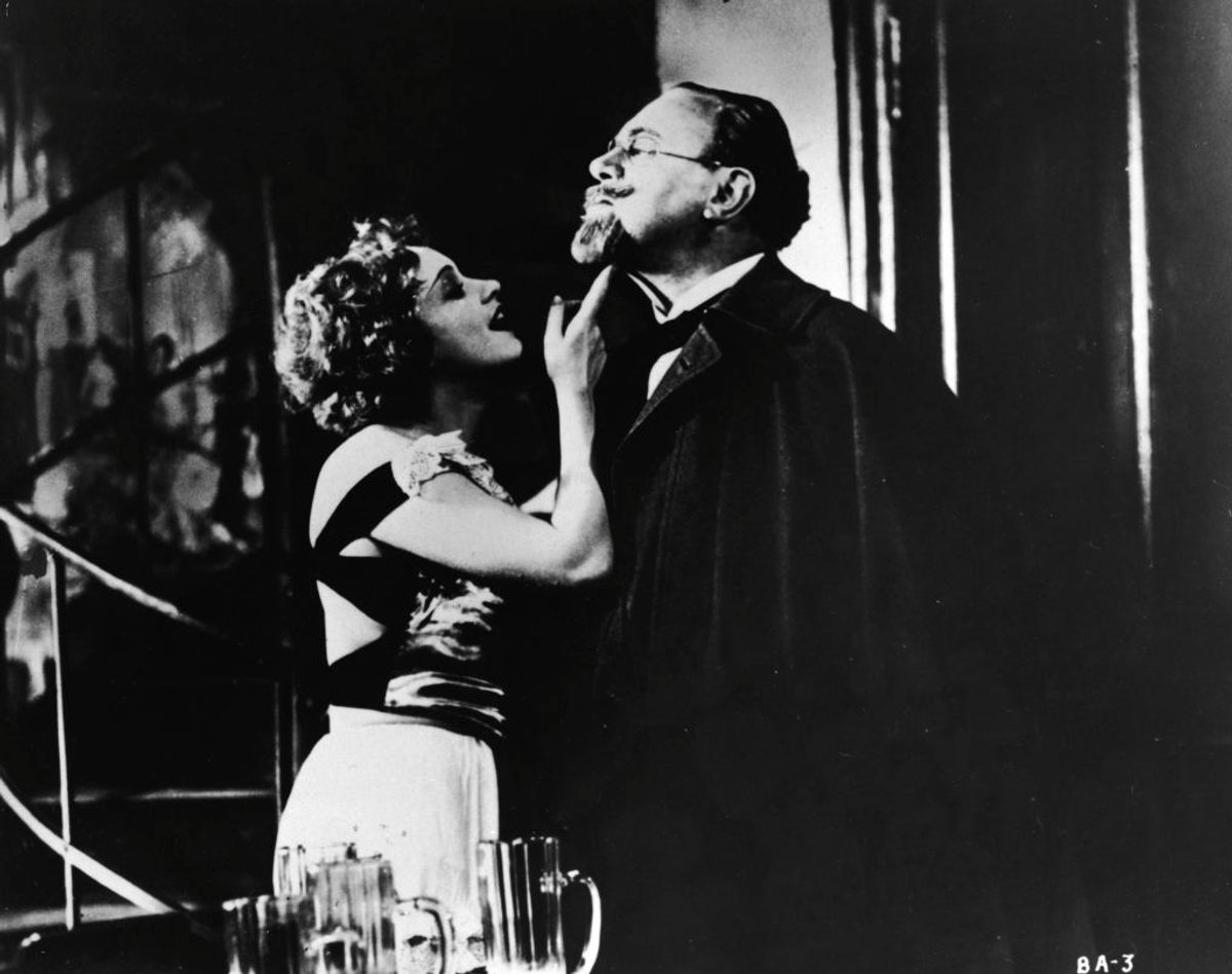Marlene Dietrich and Emil Jannings in the German film <em>The Blue Angel</em> (1930).