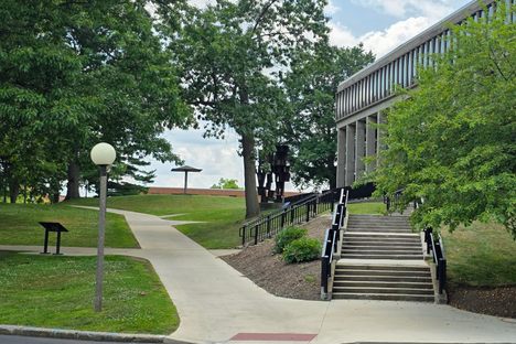 View uphill from the Prentice Hall parking lot to “The Pagoda,” from where guardsmen fired on students.
