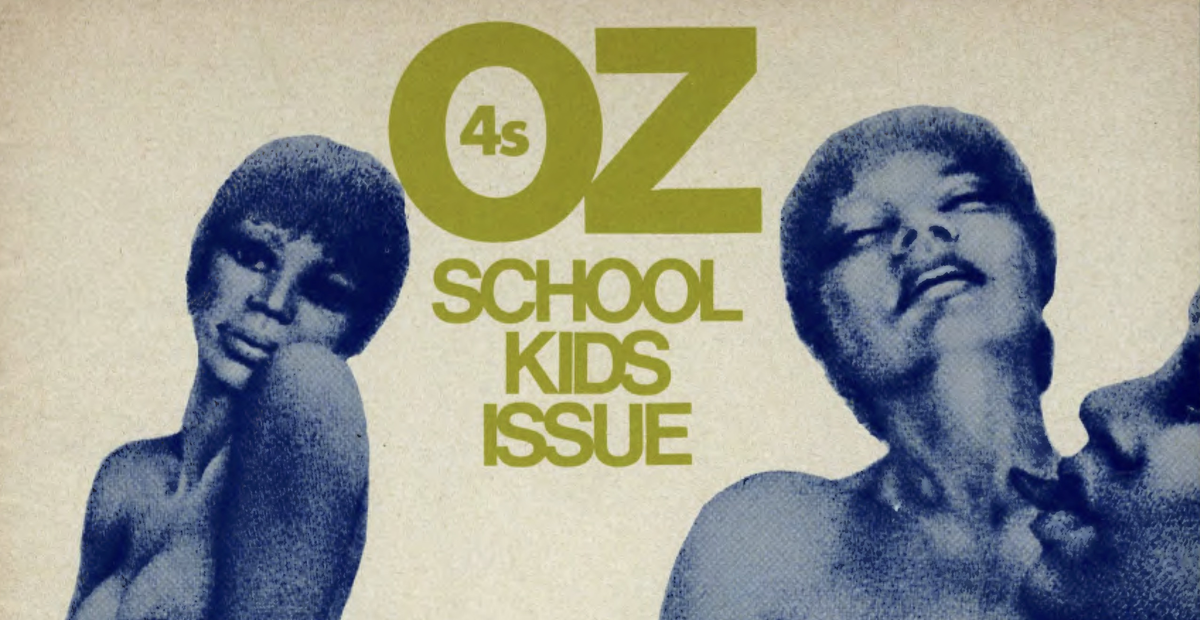 A cropped section of the cover of the 28th issue of <em>OZ</em> magazine, which features blue women in the nude.