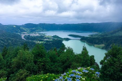 An overview of the twin lakes in the lush laurel forest.