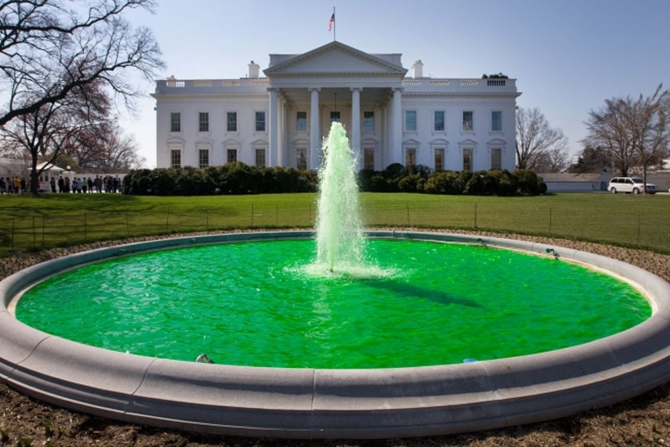 The water fountain on the north lawn at the White House, dyed green for St. Patrick's Day.