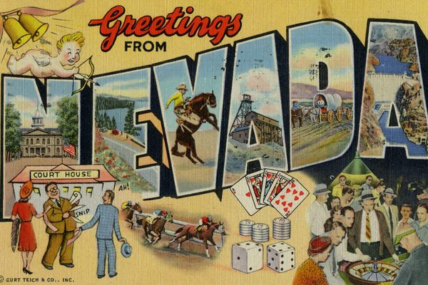 A postcard from 1945 illustrates numerous delights to be found in a mid-century Nevada, but offers no advice on pronunciation. 