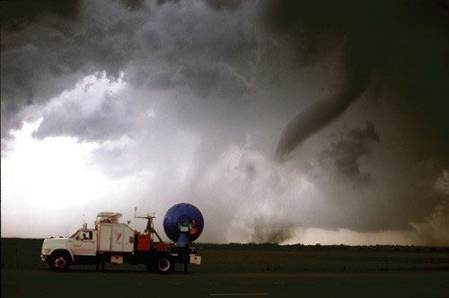 Modern-day tornado researchers are aided by more sophisticated equipment, like this Doppler On Wheels.