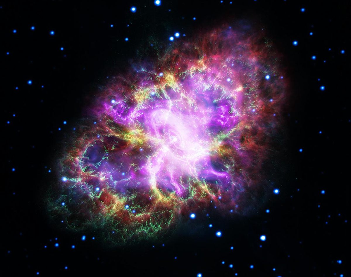 An image of the Crab Nebula, 6,500 light years away, created with data from five telescopes, including Hubble, May.