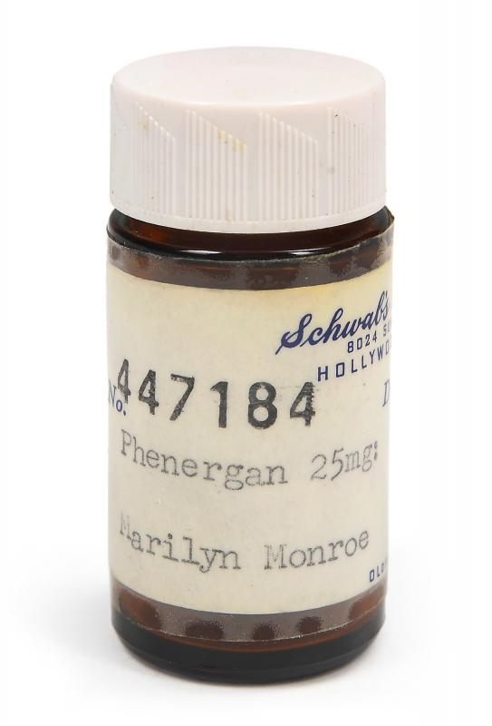 A Marilyn Monroe prescription pill bottle from Schwab’s Pharmacy in Hollywood for Phenergan, a medication used to treat allergies, dated June 1, 1961.