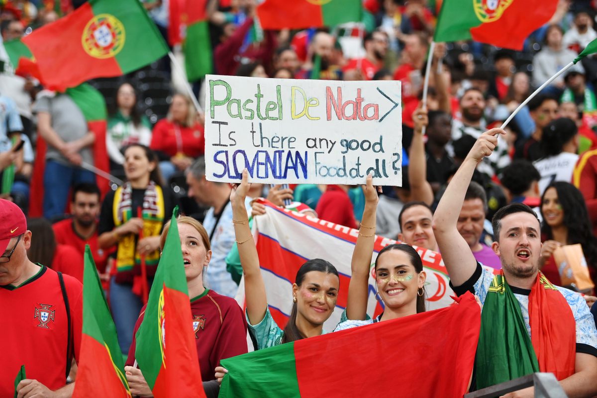 Portuguese soccer fans aimed a low blow at their Slovenian rivals.