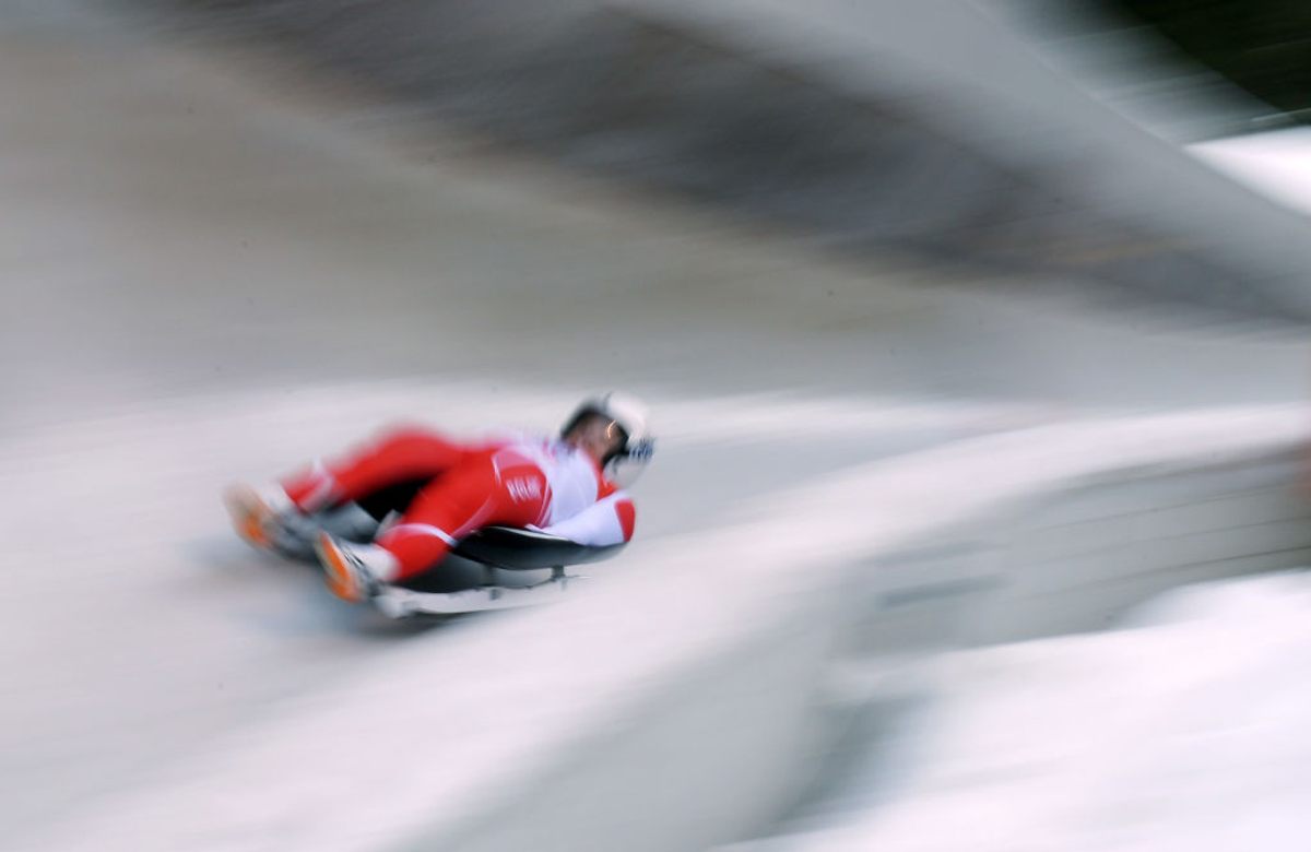 A female luger competes in the women's singles race at the Luge World Cup in Innsbruck, Austria, in 2017.