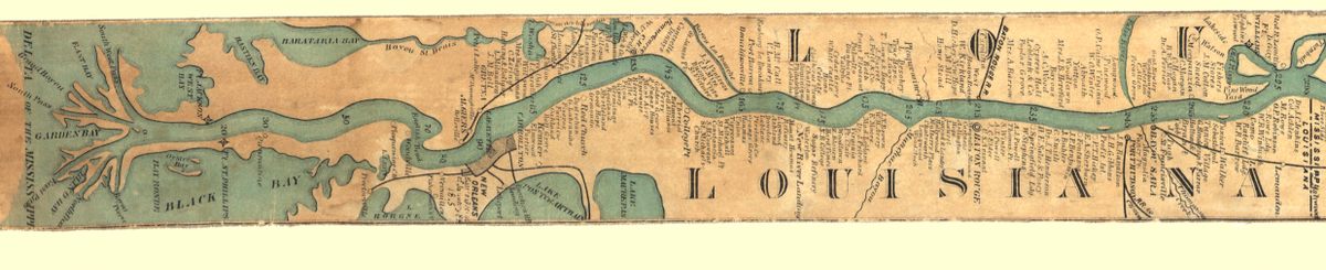 The beginning of the <em>Ribbon Map of the Father of Waters,</em> from the Gulf of Mexico to the Louisiana/Mississippi border.