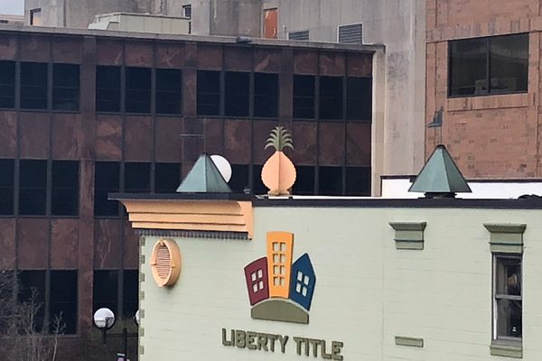 A view of the pineapple from a nearby parking structure.