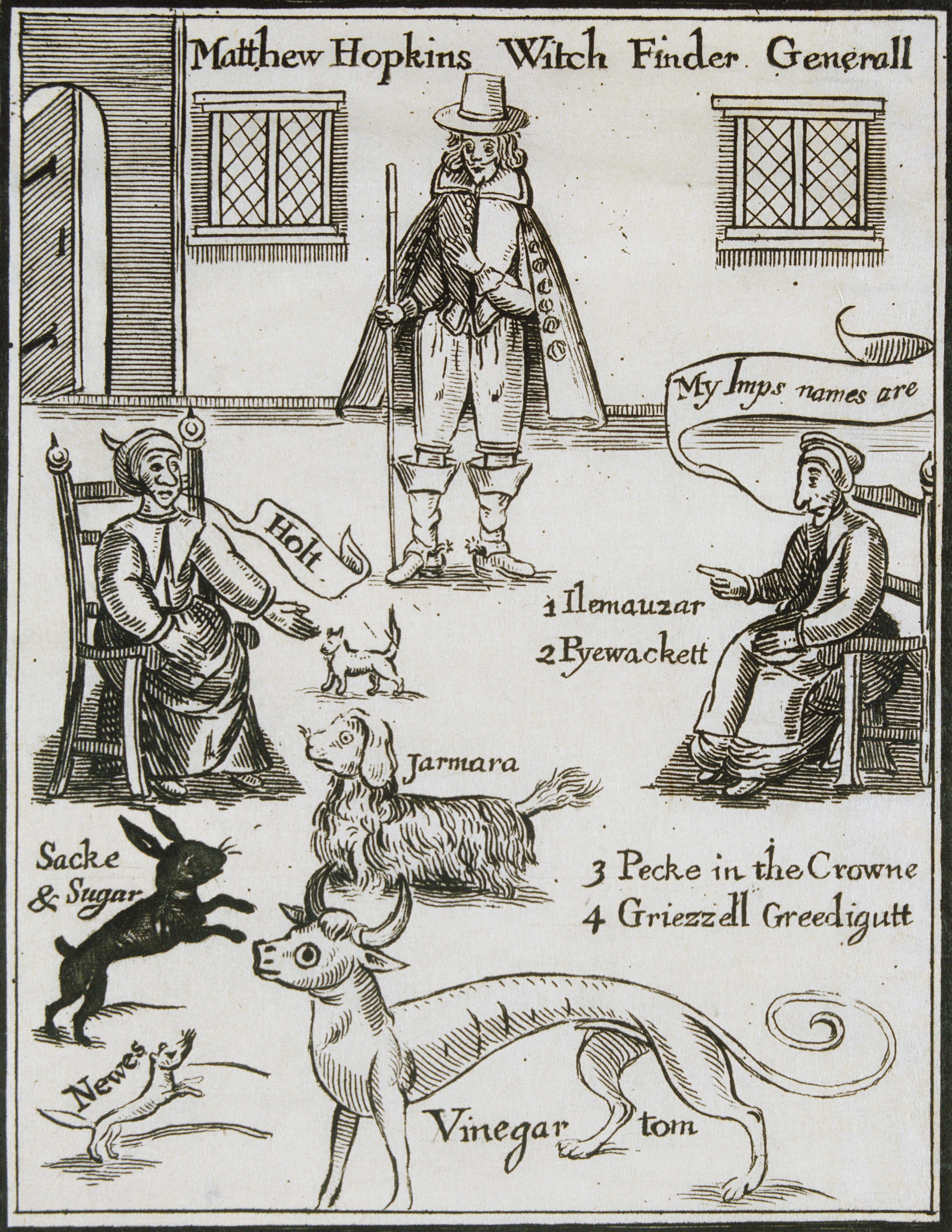 In the 17th century, infamous English "witch finder" Matthew Hopkins identified dozens of alleged witches and their animal familiars. Some of his methods were later employed during the Salem witch trials. 