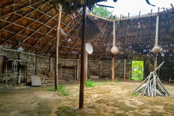 Inside view of a representation of a communal structure from an Amazon village.