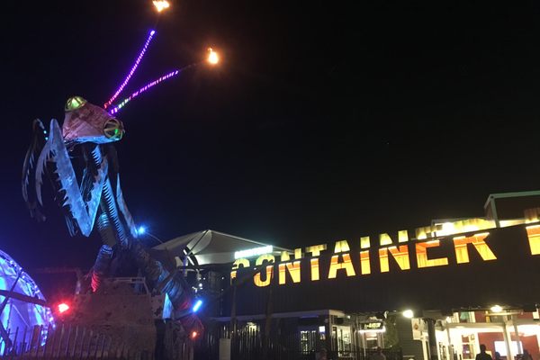 The Mantis seen with the Container Park entrance sign.