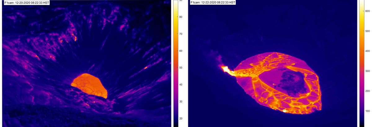 The lava lake increased greatly in size over just two days.